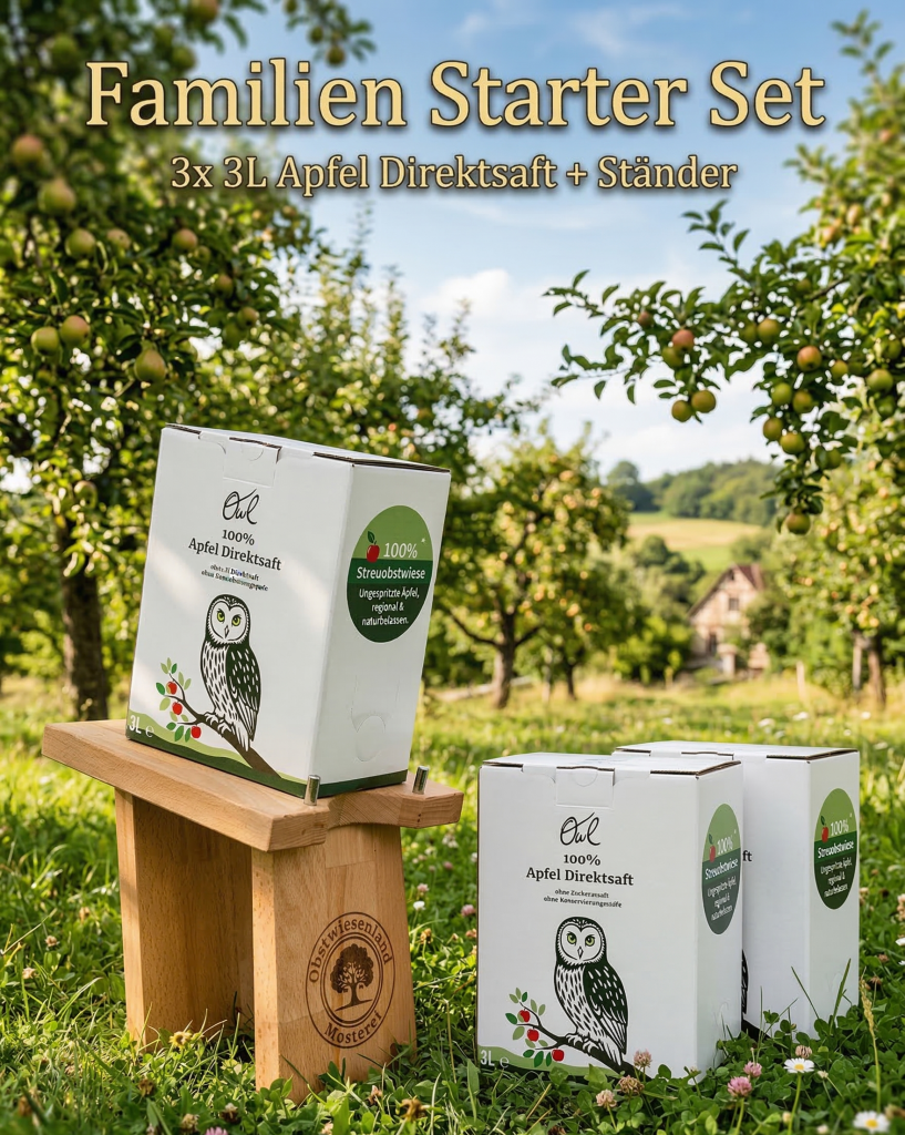 3x 3L Apfelsaft Bag-in-Box Kartons gestapelt mit einem hölzernen Zapfständer